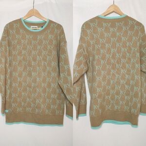 Reclaimed Vintage Sweater Retro Inspired‎ Tan Green RV Monogram Knit Small S